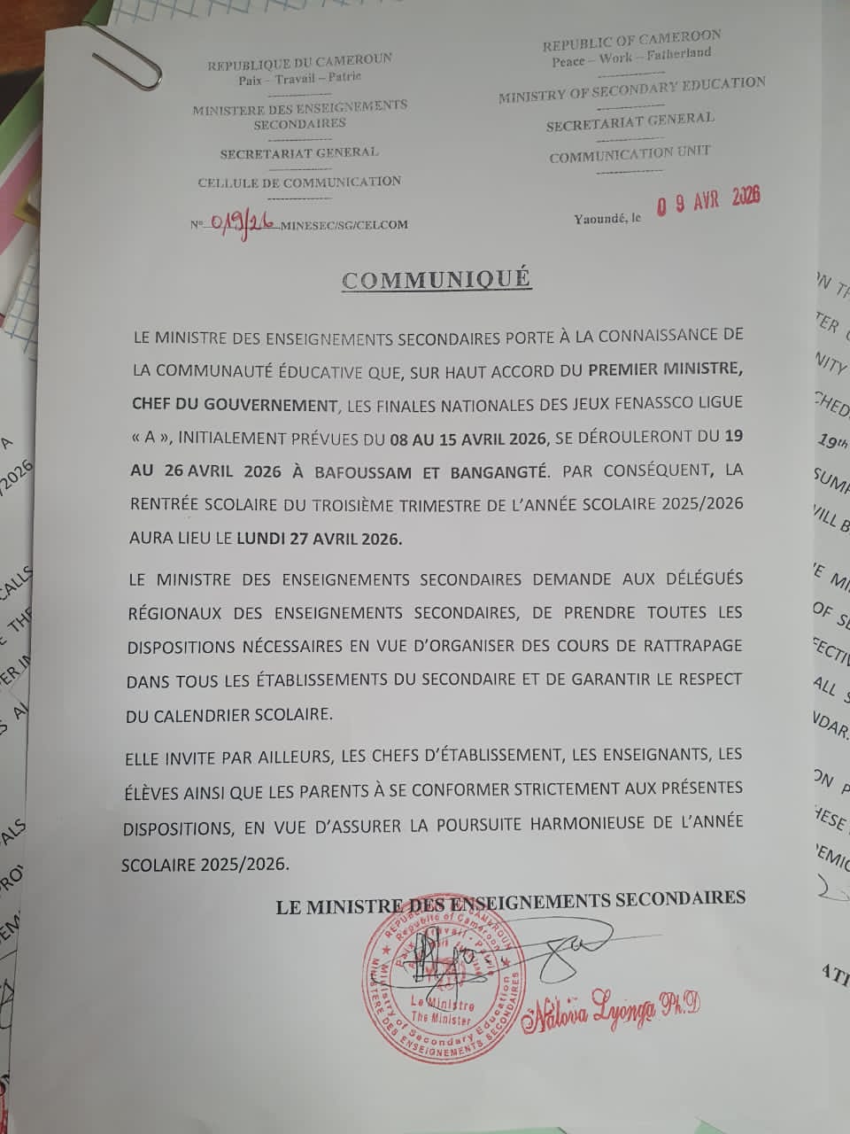 communiqué ministre rentrée secondaire 